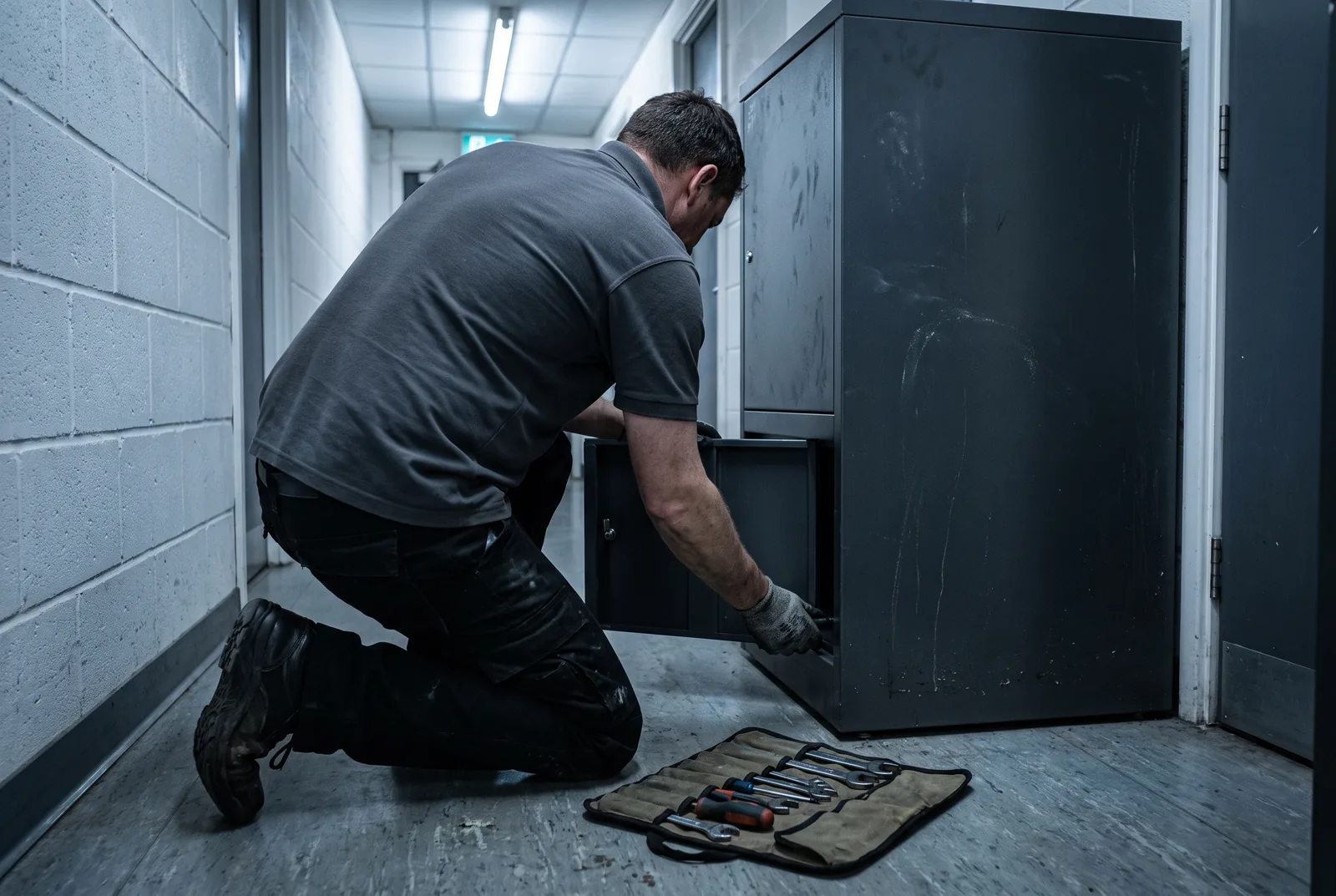 A field service engineer kneeling to open the lower access panel of a retail cabinet in a back of house corridor.
