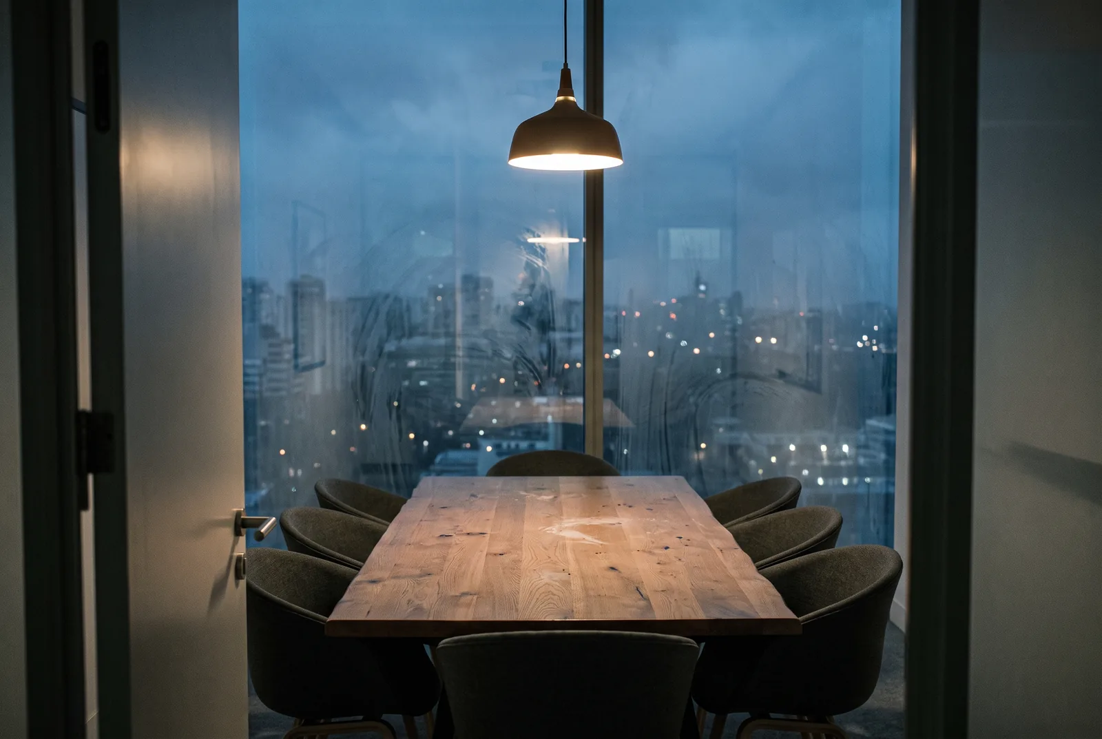 An empty meeting room at dusk overlooking a city skyline.