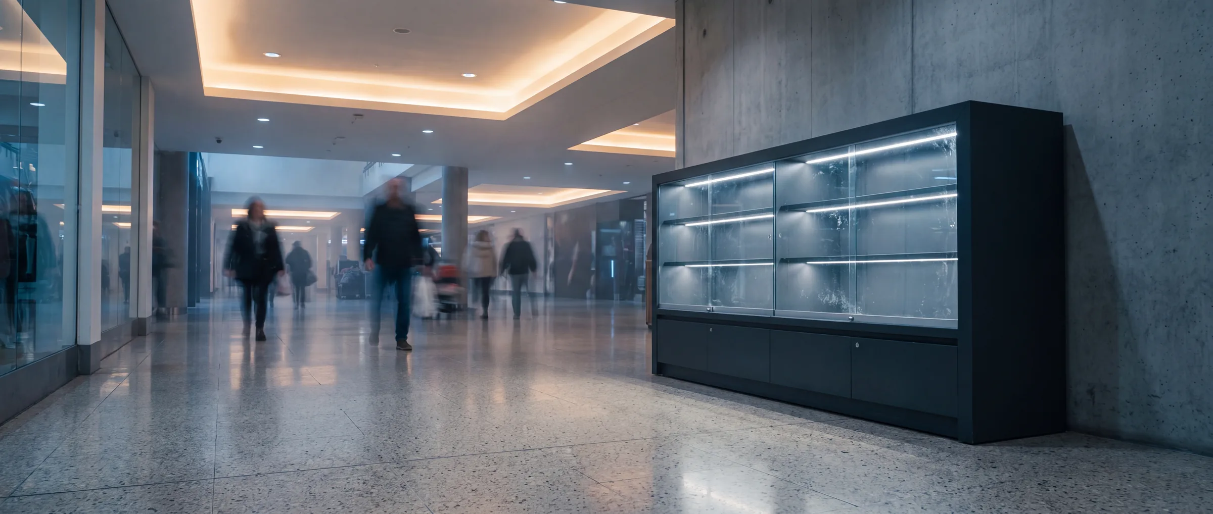 A lit retail cabinet sited against the wall of a shopping centre concourse in the evening.