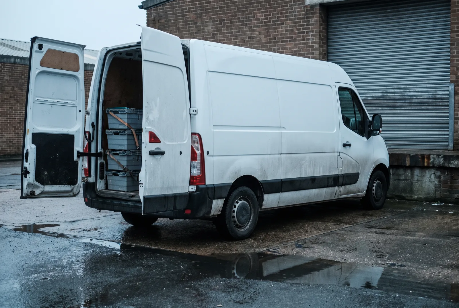 An unmarked panel van at a service yard loading bay after dawn, rear doors open.