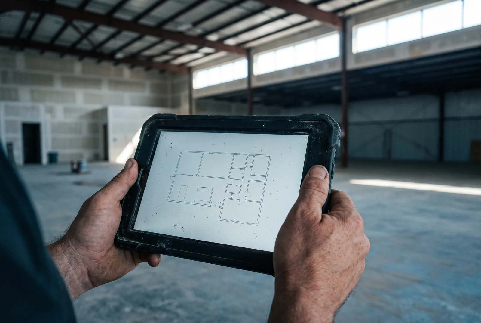 Hands holding a rugged tablet showing a floor plan inside an empty retail unit.